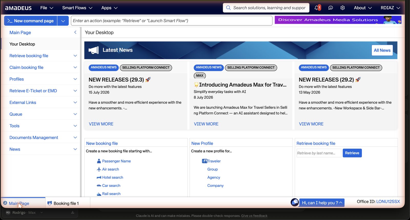 SPC new command page for office LONU125SX, showing the cryptic entry bar, the action bar, the left rail and the new booking file card
