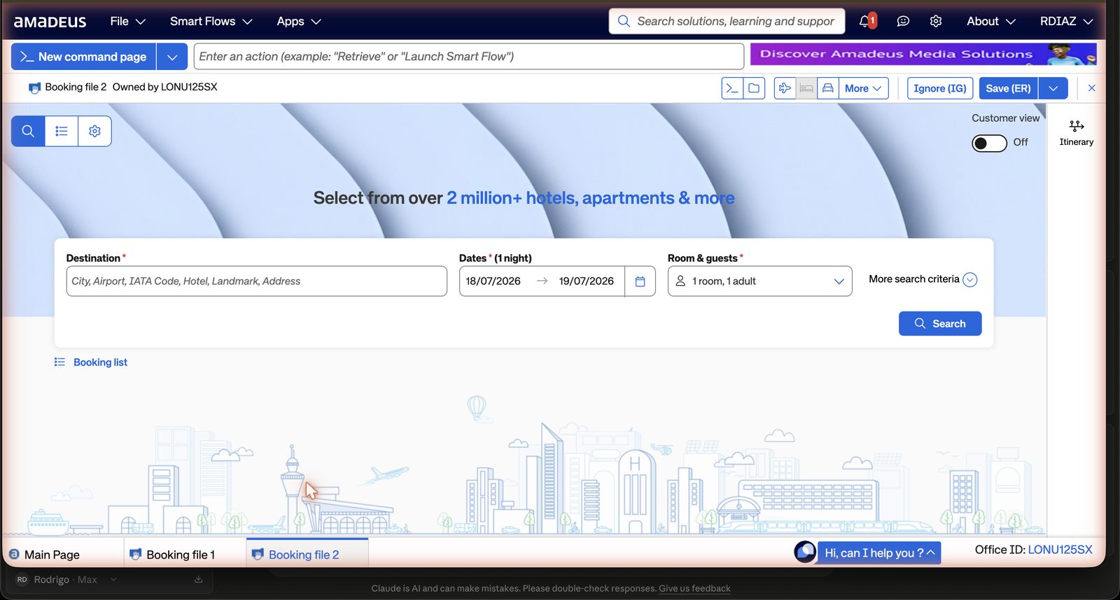 SPC hotel search form showing destination, dates, rooms and guests, more search criteria, customer view toggle and the Ignore/Save buttons