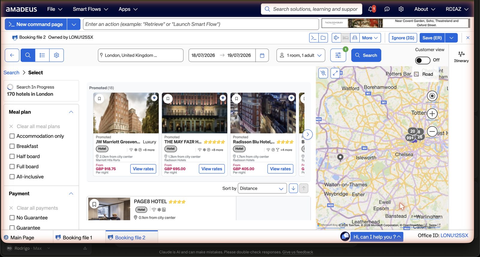SPC hotel results screen showing the live hotel count, hotel cards with star rating and lead price, the map with clusters, and sort controls