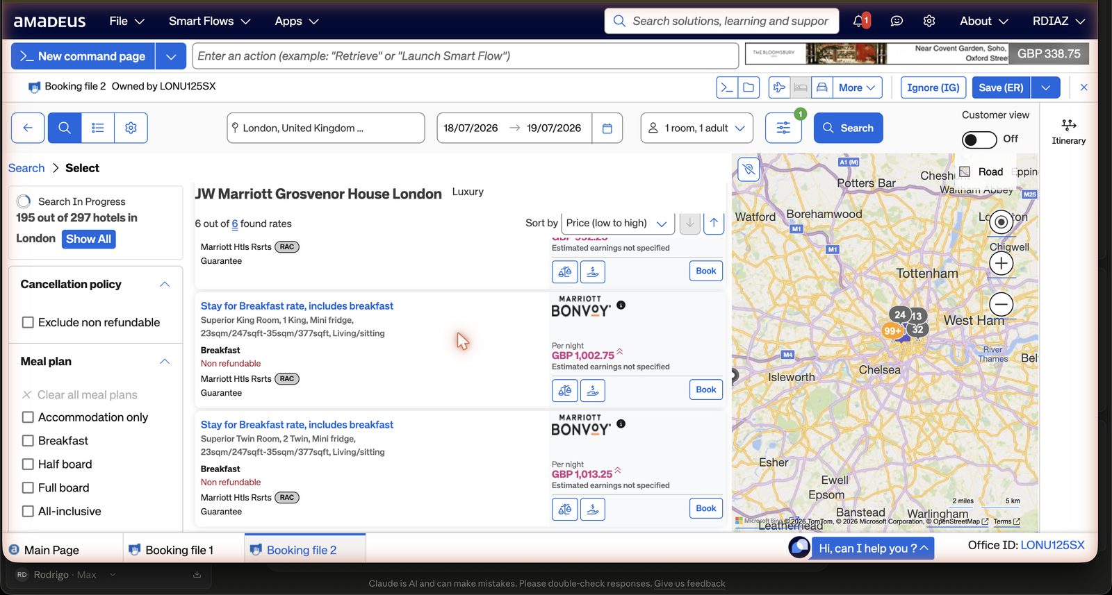 SPC rate list for a single hotel showing rate name, refundability, source tag, per-night price, estimated earnings and the Book button